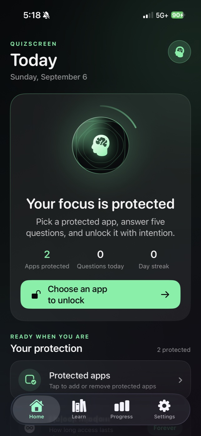 QuizScreen home showing protected apps and the Choose an app to unlock button